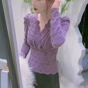 2023加绒洋气小衫紫色内搭蕾丝衫女装V领高级秋冬新款打底衫上衣