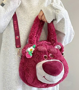 迪士尼正版草莓熊斜挎包新款毛绒包包手提包可爱公仔包单肩包