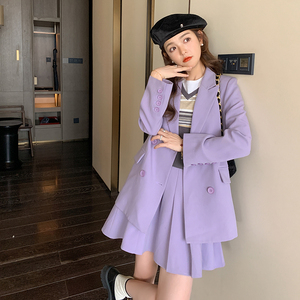 2024春季新款韩版通勤休闲百搭时尚减龄紫色西装加百褶短裙套装女