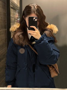 KSKM蓝色派克羽绒棉服女2023冬季新款加厚高级感中长款大毛领外套