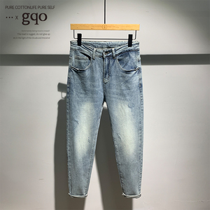 GQO美式潮牌男士复古做旧破洞牛仔裤夏季新款时尚修身体闲小脚裤