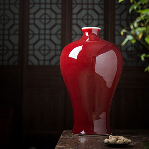 霁红釉梅瓶景德镇陶瓷花瓶摆件客厅插花新中式复古瓷器红色装饰品