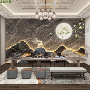 新中式竹木纤维电视背景墙山水仿石板集成墙板木式面板装饰护墙板