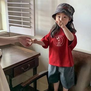 巴拉巴柆韩系林三岁 红色纯棉短袖T恤套装男女童宝宝韩系潮牌印花