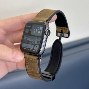 【疯马磁吸扣】适用applewatch真皮S9表带贴皮磁吸复古苹果手表质感皮表带iwatch s8/7/6/5/4/SE代小众腕带女