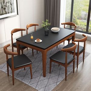 火烧石餐桌椅组合现代简约家用小户型长方形吃饭桌实木电磁炉餐桌