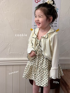 （正 跟团联系）cookie夏款女童花边小外套 绿色波点连衣裙