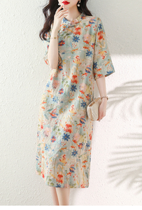 棉麻短袖旗袍裙女夏季新款复古中式国风印花高端亚麻半袖连衣裙子