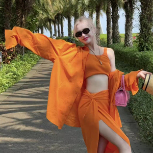 夏日多巴胺穿搭慵懒海边度假洋气减龄超好看橘色miu系套装裙2024