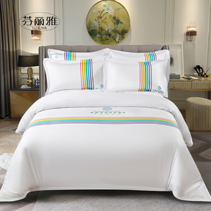 全棉酒店四件套纯色宾馆布草纯棉床上用品印花被套床单床笠三套件