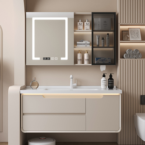 陶瓷一体盆现代简约实木卫生间浴室柜组合洗手脸池智能镜柜洗漱台
