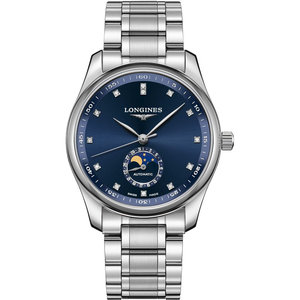 瑞士浪琴名匠系列机械男表 月相镶钻钢带蓝盘手表L2.909.4.97.6