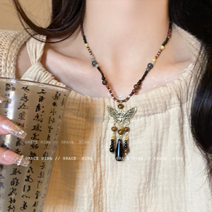 新中式串珠蝴蝶流苏项链小众设计高级感锁骨链禅意民族风饰品女生