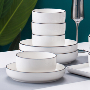 碗盘子家用美式简约创意陶瓷餐具纯白黑边加厚饭碗菜盘防烫组合装