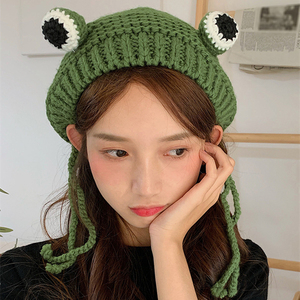 青蛙针织毛线帽子女秋冬季韩版可爱手工编织帽保暖护耳包套头帽潮