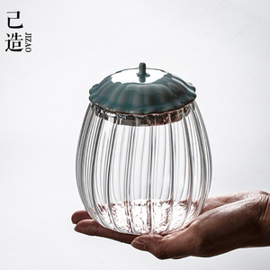 己造 花瓣玻璃茶叶罐绿茶普洱创意竹盖陶瓷盖家用密封储物糖罐子