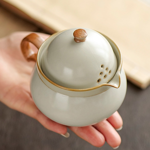 米黄汝窑盖碗家用防烫高档手把壶简约功夫单个高档陶瓷红茶泡茶壶