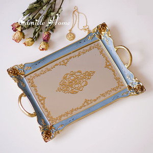 欧式复古蓝色法式长方形精致茶具托盘果盘镜面美容院spa精油托盘