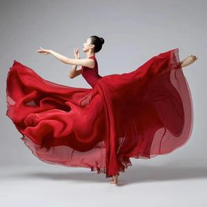 720度古典舞蹈服女飘逸大摆裙双层春雪纺半身裙红白色新疆广场舞