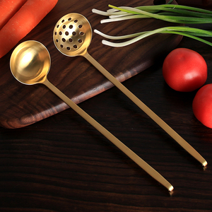 纯黄铜加长柄火锅勺子汤勺漏勺套装一体成型家用加厚厨房用具盛汤