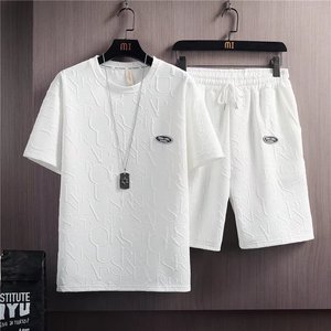 男士夏季冰丝短袖套装白色华夫格T恤短裤运动套装韩版休闲男装夏