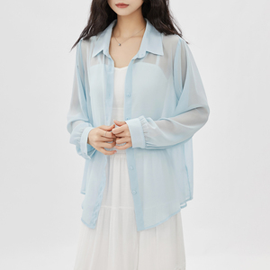 淡蓝色雪纺衬衫外套女款夏季新款韩版轻薄防晒衣薄纱外穿冰丝开衫