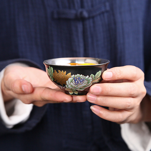 银杯子999纯银茶杯陶瓷功夫茶具家用中式轻奢银质富贵牡丹主人杯
