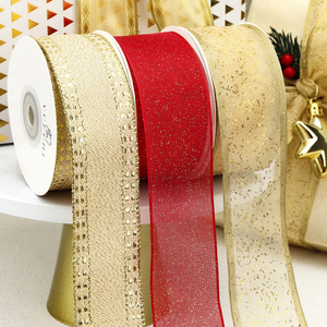 4CM宽圣诞树装饰彩带蝴蝶结铁丝边丝带圣诞节礼物礼品包装丝带