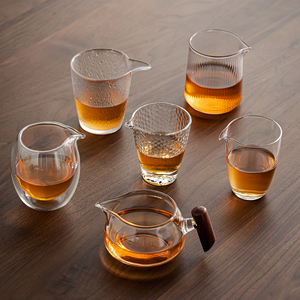 玻璃公道杯加厚耐热高硼硅锤纹木侧把分茶器功夫茶具配件公杯茶海