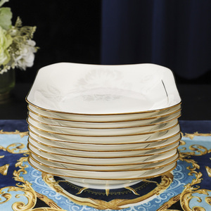 清新餐具创意陶瓷菜盘深盘子方形异形欧式家用骨瓷7英寸汤盘镶金
