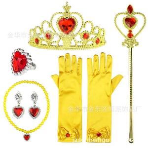 大红儿童贝儿项链饰品塑料皇冠金色权杖手套戒指公主头饰项链耳环