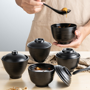 日式料理餐厅汤盅密胺塑料树脂味增汤碗木桶牛丼饭碗带盖黑色商用