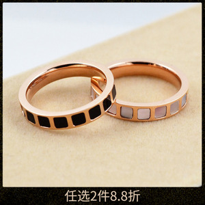 韩版方块戒指男女情侣时尚个性ins潮彩贝壳黑面玫瑰金粉贝母钛钢