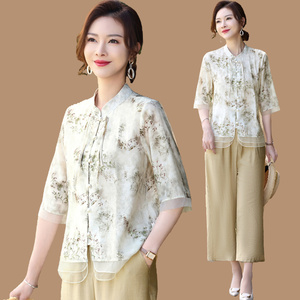 新中式妈妈夏装短袖棉麻套装中年国风洋气衬衫中老年女新款两件套