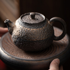 石纹正把壶 手工复古日式粗陶小茶壶鎏金铁釉单壶普洱急需泡茶器