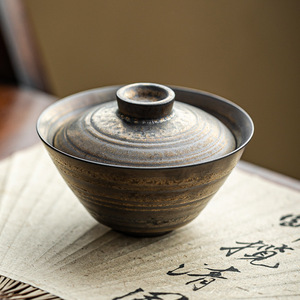 鎏金手作薄胎三才盖碗茶杯家用待客陶瓷复古泡茶碗功夫茶具分茶器