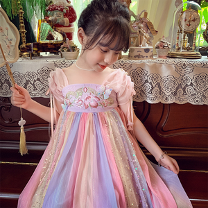 女童雪纺连衣裙夏季新款洋气儿童中国风改良汉服小女孩彩虹公主裙