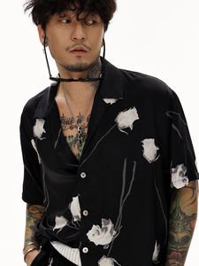 SHIZUKAUMI2024新款休闲度假黑玫瑰古巴领夏威夷衬衫男短袖花衬衣