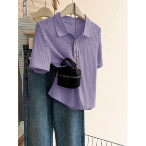 紫色冰丝针织短袖t恤女装夏季夏2024新款爆款polo衫正肩半袖上衣