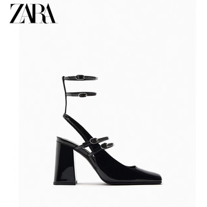 ZARA女鞋夏季新款包头浅口漆皮鞋黑色脚踝绊带高跟玛丽珍凉鞋单鞋