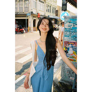 ARUNT SUTDIO/秋起 法式系带蓝色吊带连衣裙女夏气质修身显瘦长裙