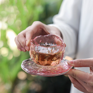 日式粉色可爱小茶杯女士专用个人琉璃主人杯手工透明玻璃杯李子柒