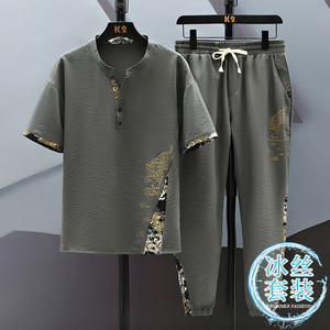 夏季冰丝短袖衬衫T恤男士薄款宽松两件套装中国风潮流休闲上衣服