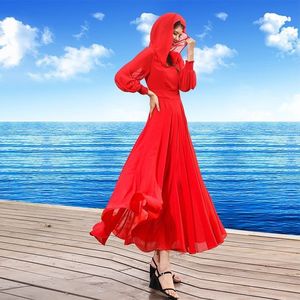 春夏新款红色波西米亚长袖雪纺连帽连衣裙大摆沙滩裙海边度假长裙