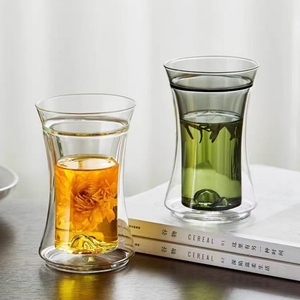 双层高硼硅玻璃观山杯 家用耐热玻璃绿茶泡茶杯 创意隔热花茶杯