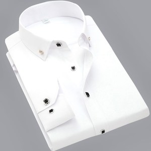 英伦长袖衬衫男轻奢时尚秋季领扣商务打底衫休闲纯色修身白色衬衣