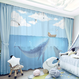 定制蓝色海洋卡通鲸鱼海豚窗帘儿童主题房卧室飘窗遮光短帘窗纱