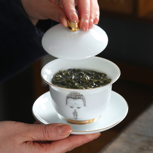 功夫茶具盖碗茶杯单个景德镇陶瓷三才玉瓷德化白瓷手绘大号泡茶碗