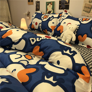 可爱小鸭子卡通蓝色四件套格子床单儿童学生宿舍三件套床上用品