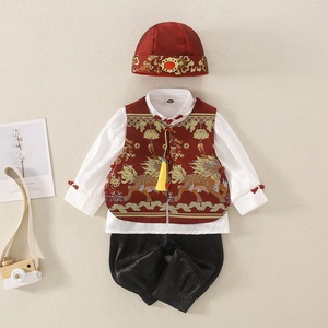 （出租）高档男宝宝抓周中式礼服中国风唐装红色套装周岁生日仪式